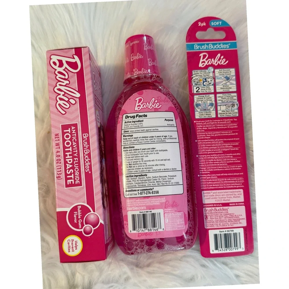 Barbie Brush Buddies Dental Set Mouthwash Toothpaste 2pk Toothbrushes Bubble Gum